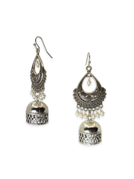 Handmade Silver Plated Oxidised Earrings ||oval shape jhumka 7 cm Pearl Brass Jhumki Earring - Image 4