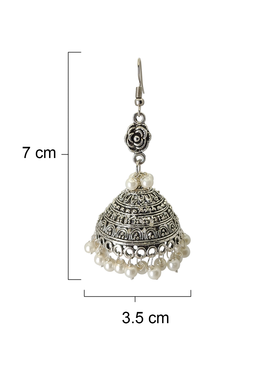 Silver-Plated Pearl Beaded Dome-Shaped Oxidized Jhumka Earrings (7 cm) - Image 5