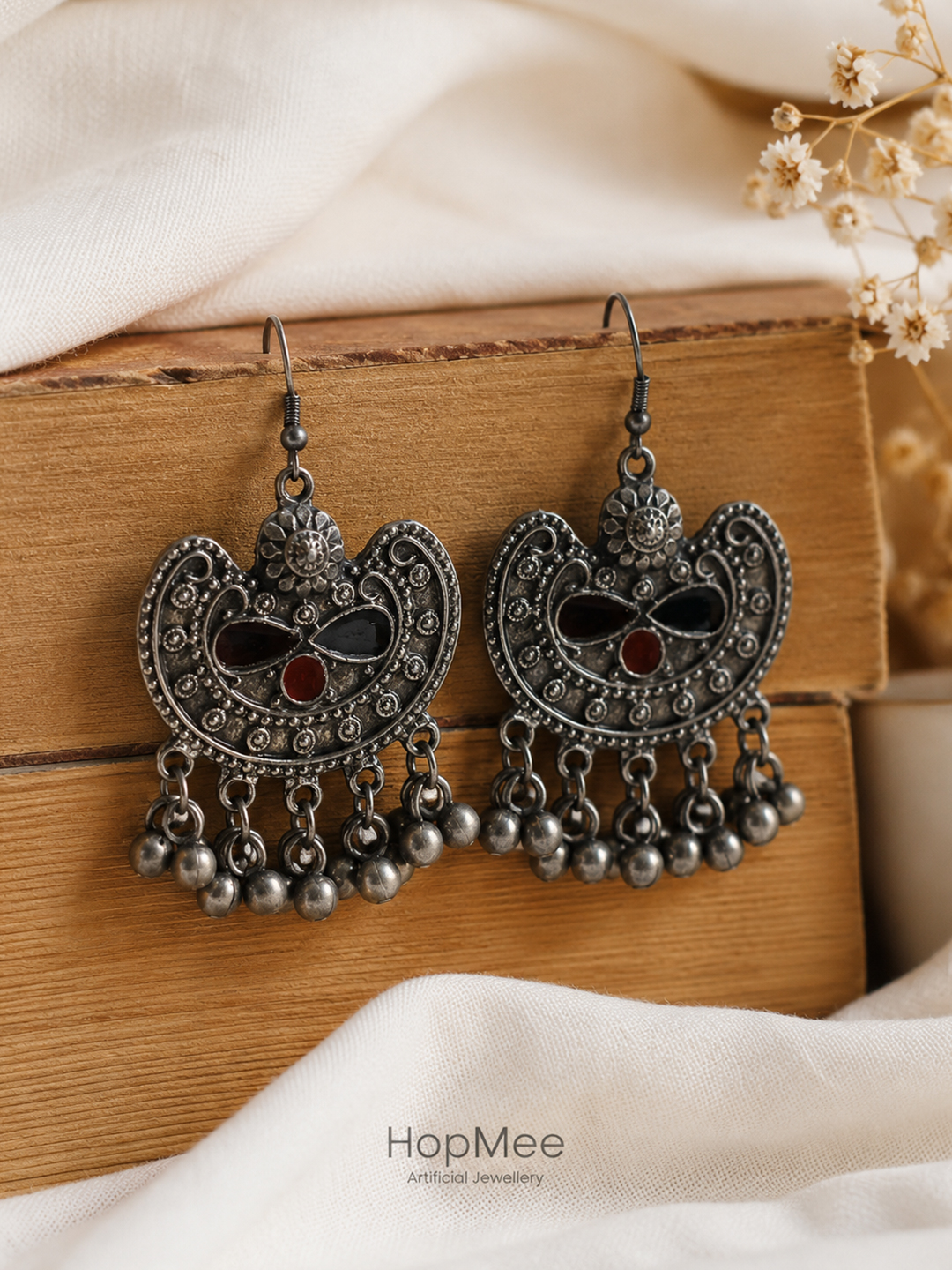 Vintage Tribal Oxidized Silver Chandbali Earrings with Red & Green Stone Accents and Ghungroo Dangles - Image 2