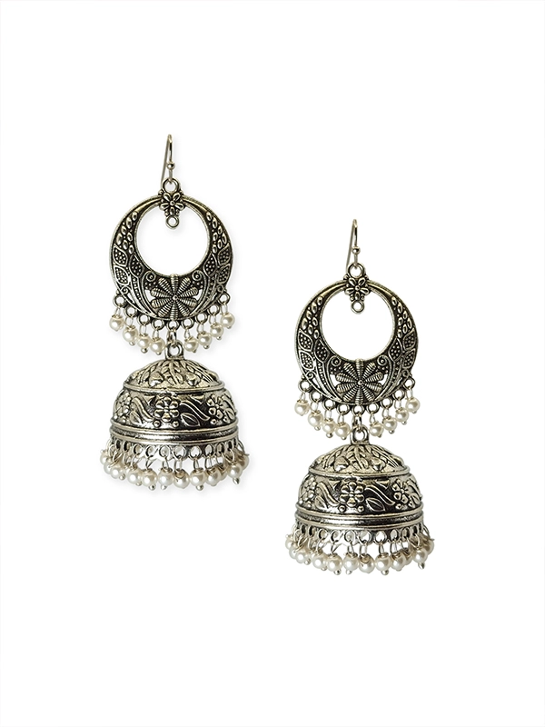 Antique Silver Long Jhumka Earrings | Big size (7.5cm) jhumki Pearl Jhumki Earring - Image 4