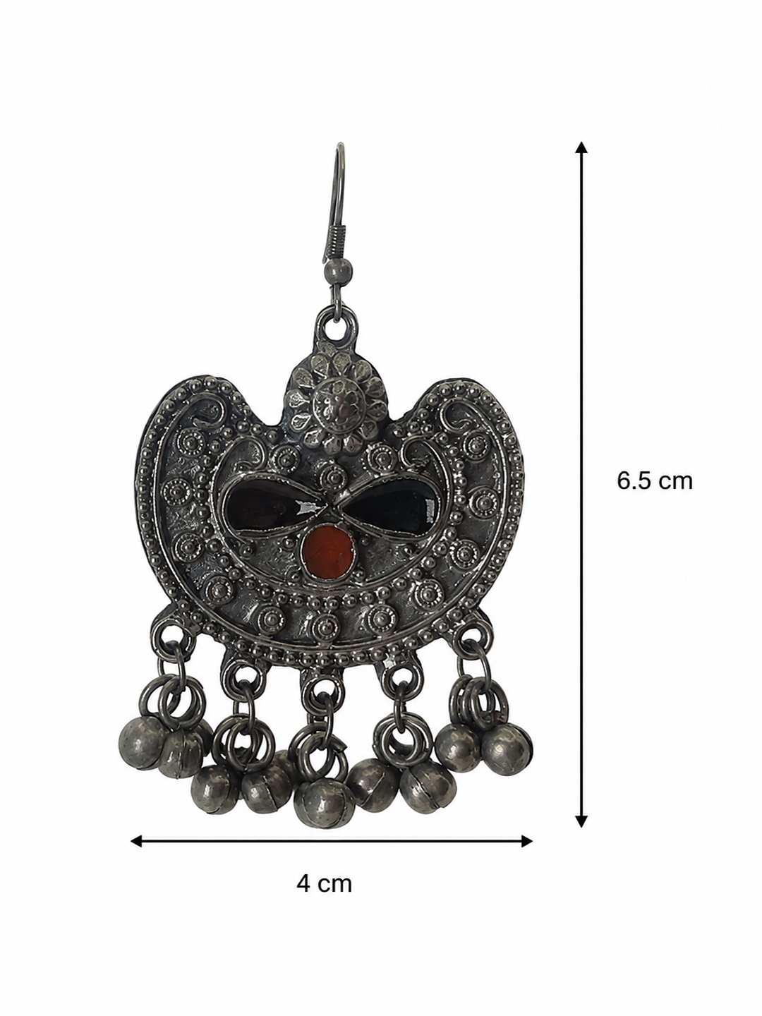 Vintage Tribal Oxidized Silver Chandbali Earrings with Red & Green Stone Accents and Ghungroo Dangles - Image 4