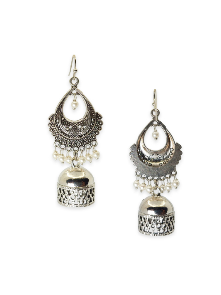 Handmade Silver Plated Oxidised Earrings ||oval shape jhumka 7 cm Pearl Brass Jhumki Earring - Image 3