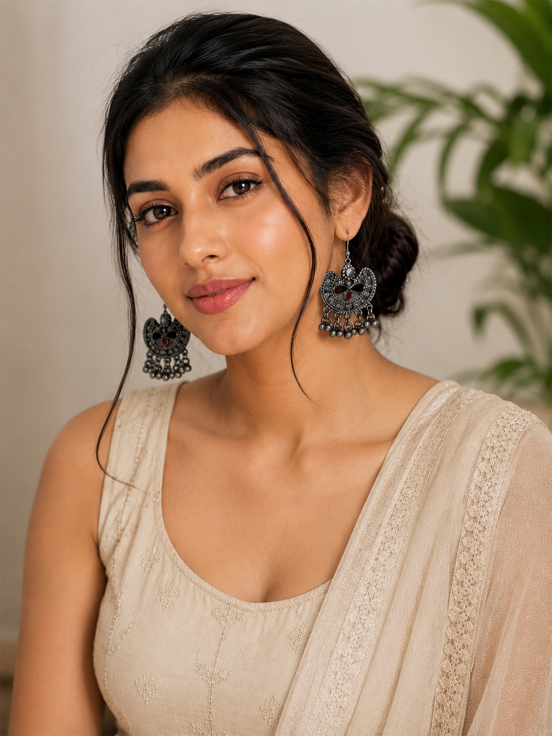 Vintage Tribal Oxidized Silver Chandbali Earrings with Red & Green Stone Accents and Ghungroo Dangles