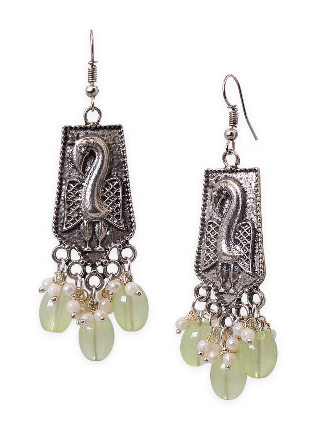 Silver-Plated Green Cristal Beaded Classic Jhumka Earrings - Image 3