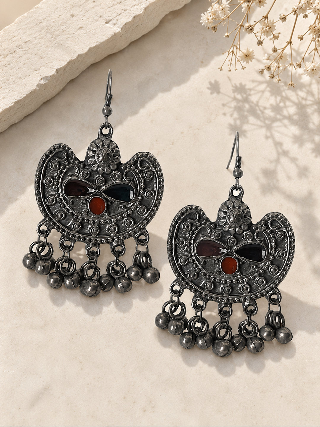 Vintage Tribal Oxidized Silver Chandbali Earrings with Red & Green Stone Accents and Ghungroo Dangles - Image 3