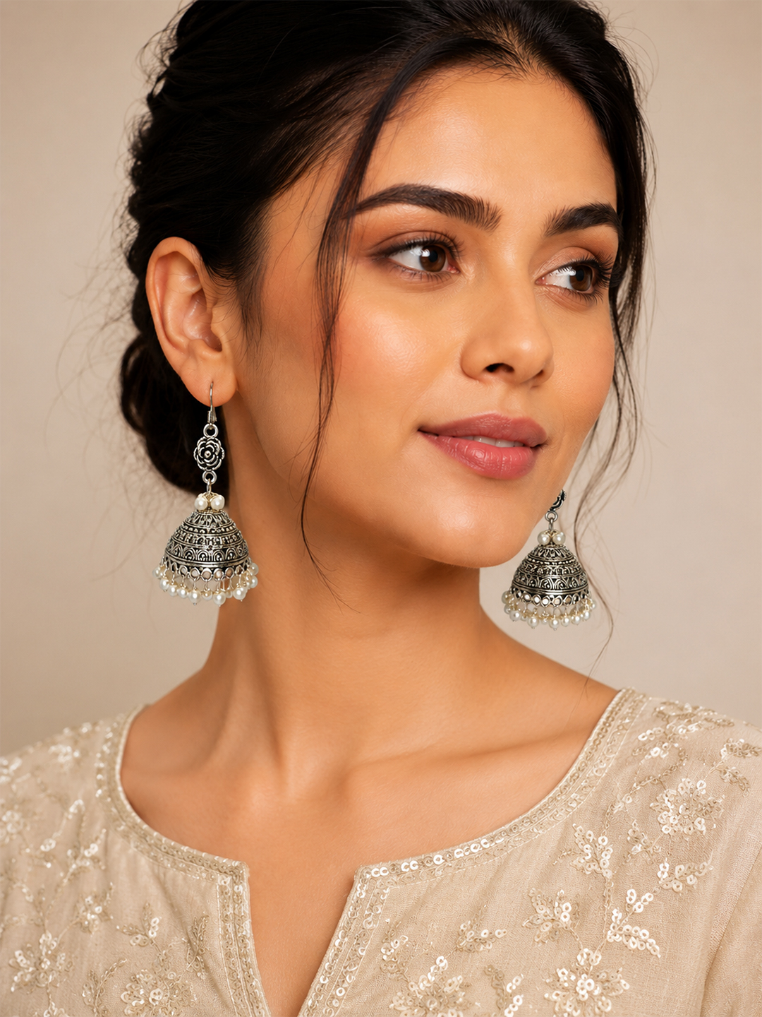 Silver-Plated Pearl Beaded Dome-Shaped Oxidized Jhumka Earrings (7 cm) - Image 3