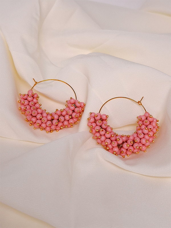 Pink Artificial Pearl Beaded Oval Shaped Hoop Earrings