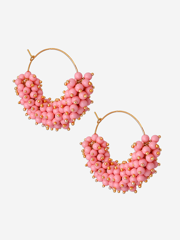 Pink Artificial Pearl Beaded Oval Shaped Hoop Earrings - Image 3