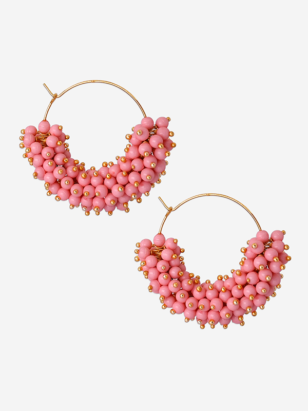 Pink Artificial Pearl Beaded Oval Shaped Hoop Earrings - Image 2