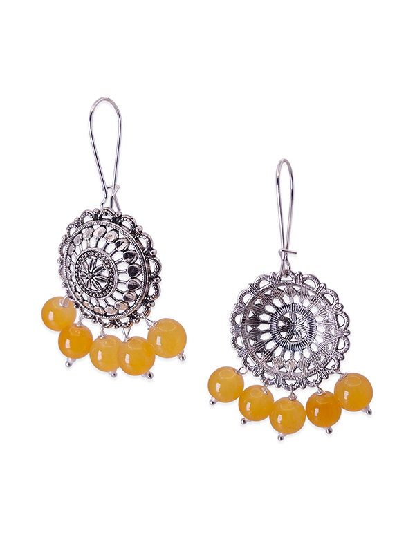 Silver Chimes Jhumka Earrings, With Yellow Crystal stone - Image 4