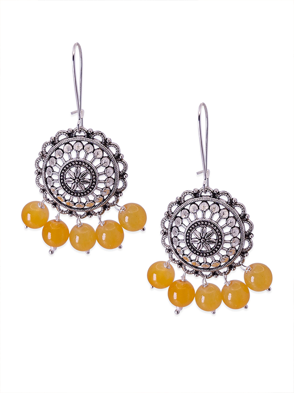 Silver Chimes Jhumka Earrings, With Yellow Crystal stone - Image 3
