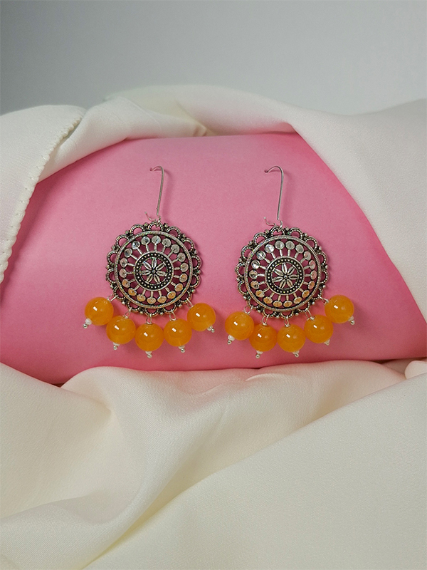 Silver Chimes Jhumka Earrings, With Yellow Crystal stone