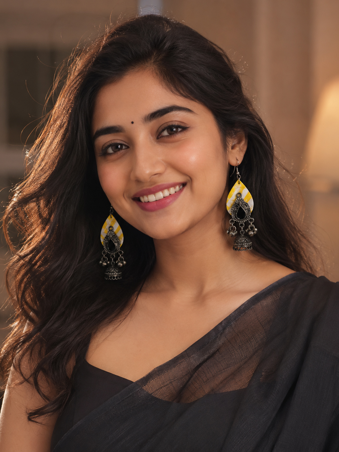 Handmade Oxidized Silver Jhumka Earrings with Yellow Stripe Fabric Accent - Image 2