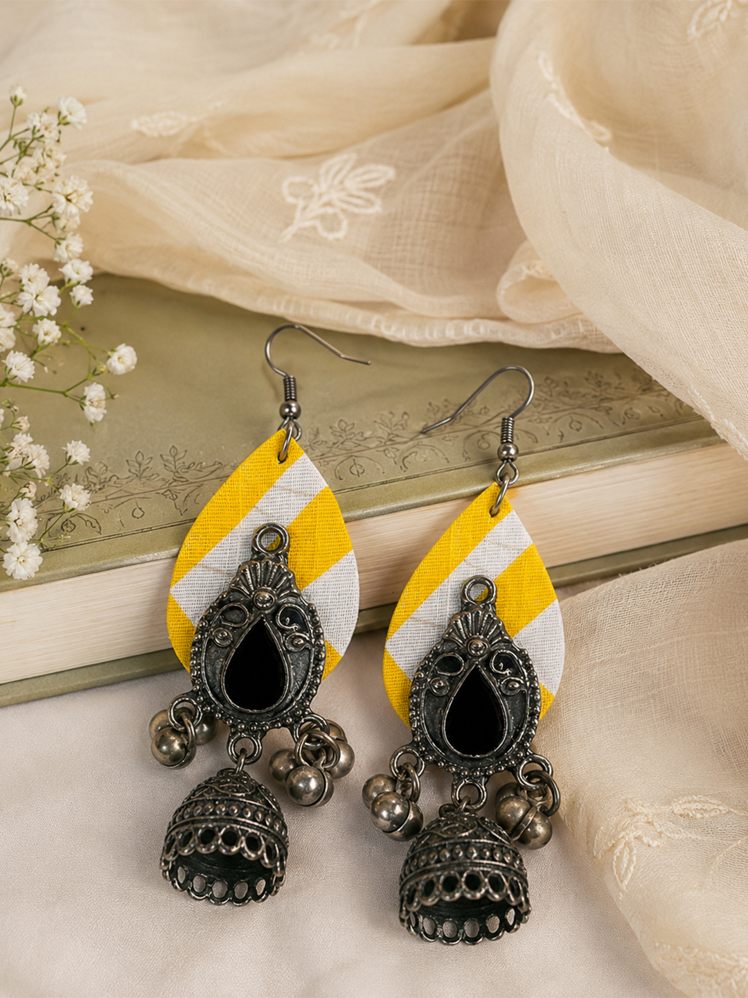 Handmade Oxidized Silver Jhumka Earrings with Yellow Stripe Fabric Accent