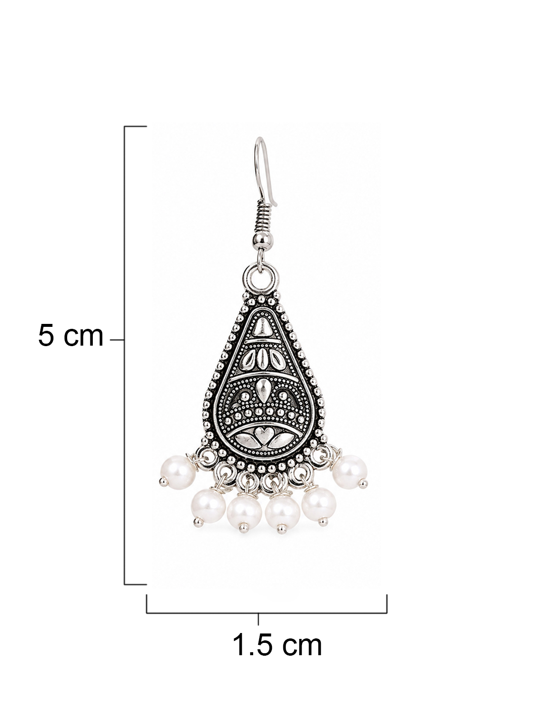 Silver-Plated Pearl Beaded Teardrop-Shaped Oxidized Drop Earrings (5 cm) - Image 5