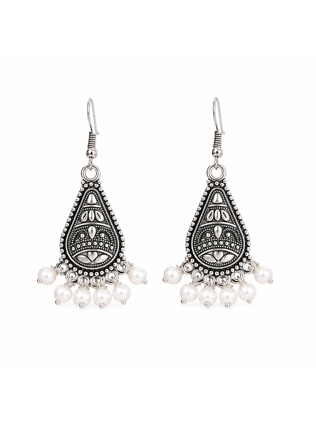 Silver-Plated Pearl Beaded Teardrop-Shaped Oxidized Drop Earrings (5 cm) - Image 4