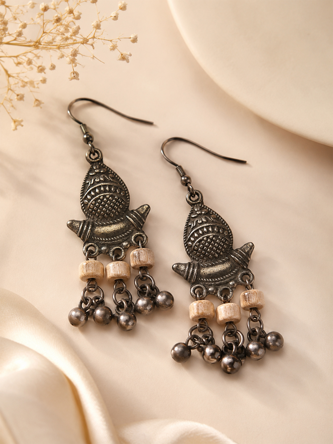 Toned Tribal Dangle Earrings with Wooden Beads & Ghungroo
